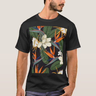Camiseta Flores tropicais, fundo escuro, sem costura floral