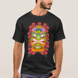 Camiseta Flores Tropicais Hawaii Tiki Máscara Totem Polinés