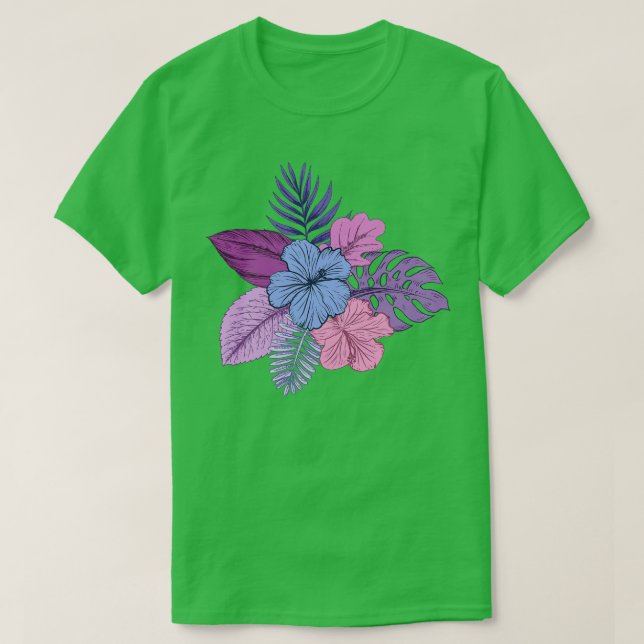 Camiseta Flores tropicais roxas e rosadas (Frente do Design)