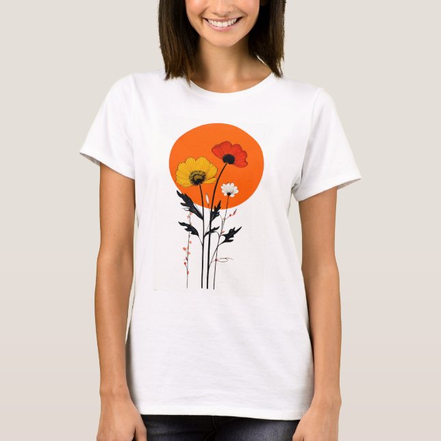 Camiseta Flores Vermelhas e Amarelas com Sol (Frente)