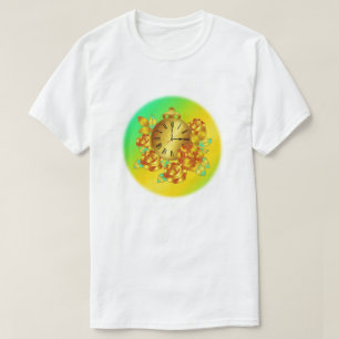 Camiseta Flores vermelhas e Douradas e relógio antigo