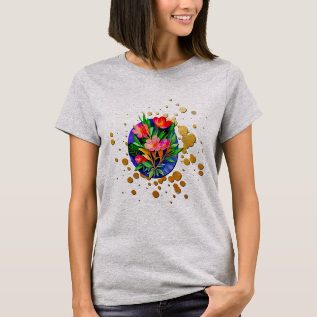 Camiseta Flores Vermelhas, Folhas Verdes e Fundo Dourado (Frente)