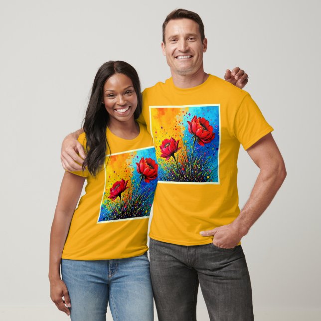 Camiseta Flores Vermelhas Vibrantes Impressão Pop Art (Unissex)