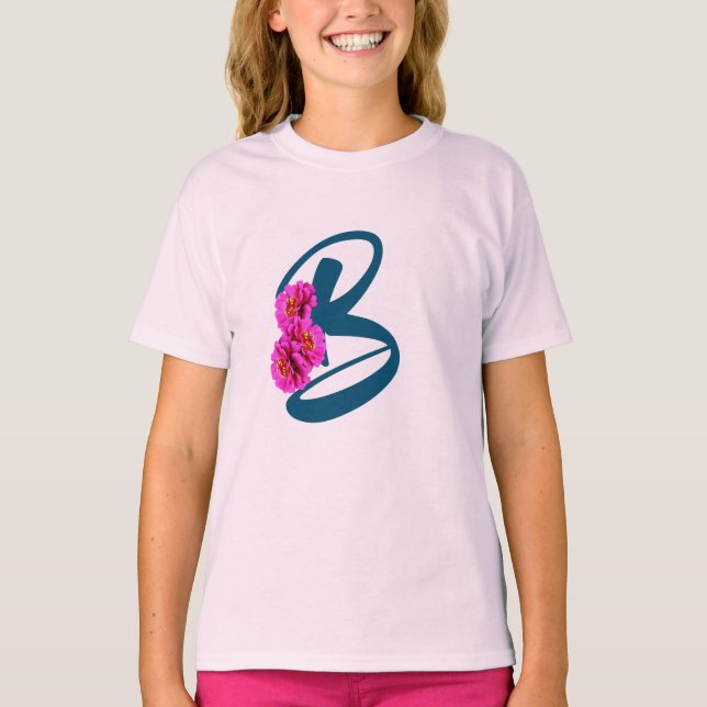 Camiseta Flores Zinnia Monograma Inicial B  (Frente)