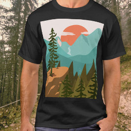 Camiseta Floresta Abstrata Moderna, Montanhas e Nascer do S