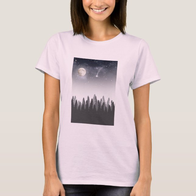 Camiseta Floresta da Lua Mística Paisagem Noturna Estrelada (Frente)
