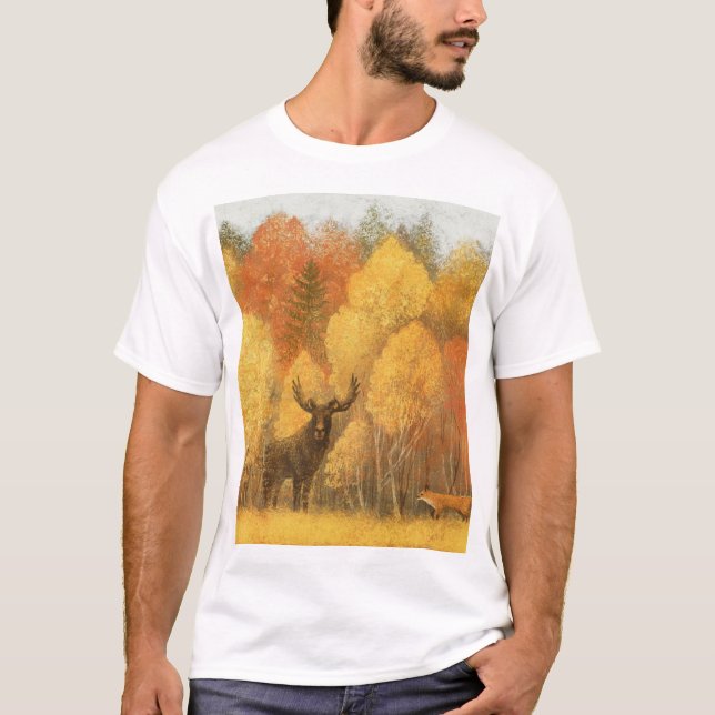 Camiseta Floresta de outono, cervo digital e raposa. (Frente)