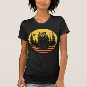 Camiseta Floresta de Urso Natureza Retro Pôr do Sol
