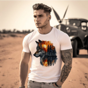 Camiseta Floresta do pôr do sol & Lobo Exposição Dupla