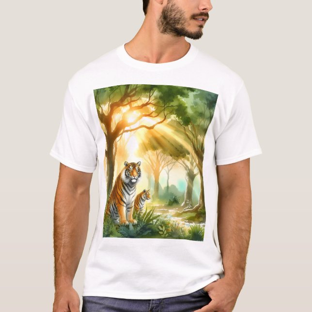 Camiseta Floresta iluminada por sol com dois tigres (Frente)