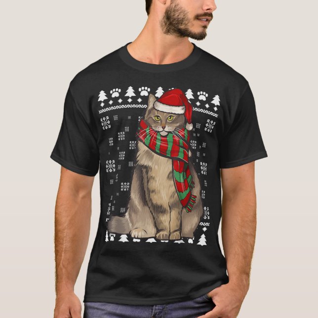 Camiseta Floresta Norueguesa Cat Santa Hat Natal Feio Natal (Frente)