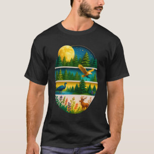 Camiseta Floresta Selvagem Estilo Retro Lua Veado