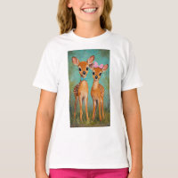 Camiseta Florestal Cartoon com Veados Gêmeos