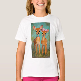 Camiseta Florestal Cartoon com Veados Gêmeos