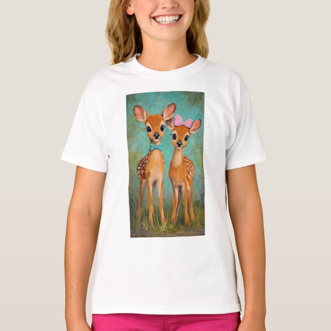 Camiseta Florestal Cartoon com Veados Gêmeos (Frente)