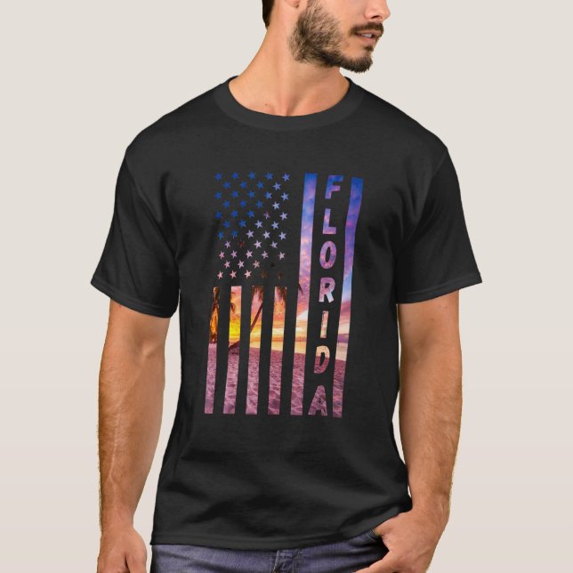 Camiseta Flórida Americana Flag Sunset Island Palm (Frente)