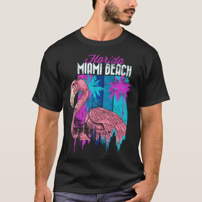 Camiseta Florida Miami Beach Retro Flamingo Palm Trees Vapo (Frente)