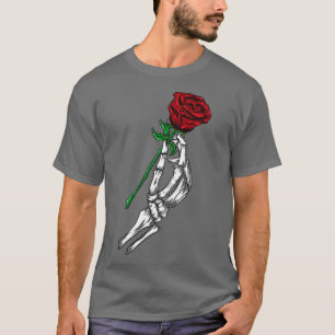 Camiseta FlorSkeleton Rosa vermelha de retenção da mão