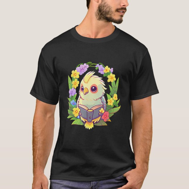 Camiseta Flower And Book  Bookworm Cute Cockatiel Reading B (Frente)