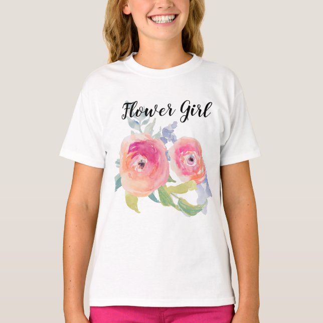 Camiseta Flower Girl Rosas de Aquarela de Casamento Festa d (Frente)
