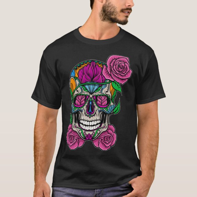 Camiseta Flower Skull Sugar Roses Floral Skeleton Cute Punk (Frente)