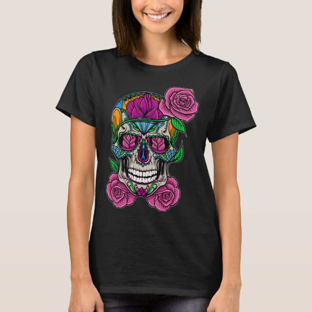 Camiseta Flower Skull Sugar Roses Floral Skeleton Cute Punk (Frente)