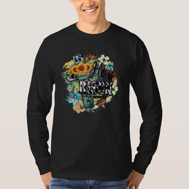 Camiseta Flowers Bless Faith Cross He is Risen Matthew Bibl (Frente)