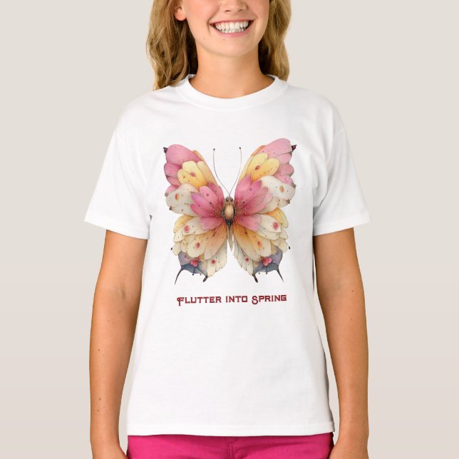 Camiseta Flutter Into Spring Easter Pink Yellow Butterfly (Frente)