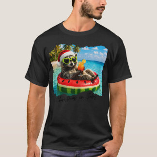 Camiseta Flutuador de Melancia com Guaxinim na Praia de Nat