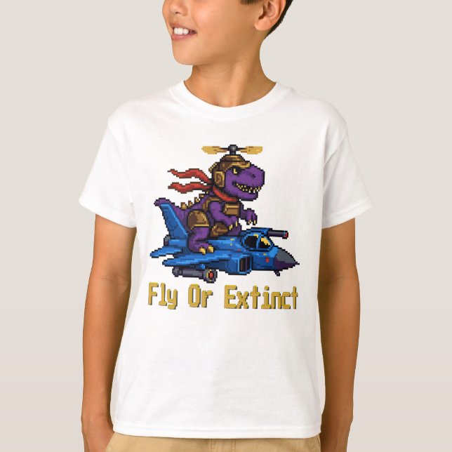 Camiseta Fly Or Extinct Pixel Art Dinosaur Pilot Fighter Je (Frente)