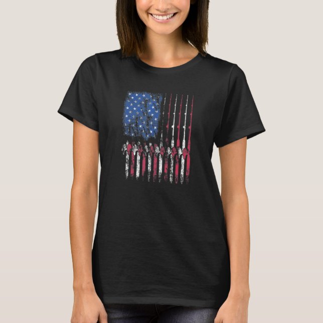 Camiseta Fly Rod Fishing American Flag Funny Fisherman (Frente)