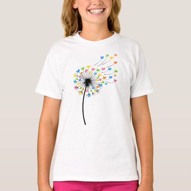 Camiseta Flying colorful birds dandelion flow (Frente)