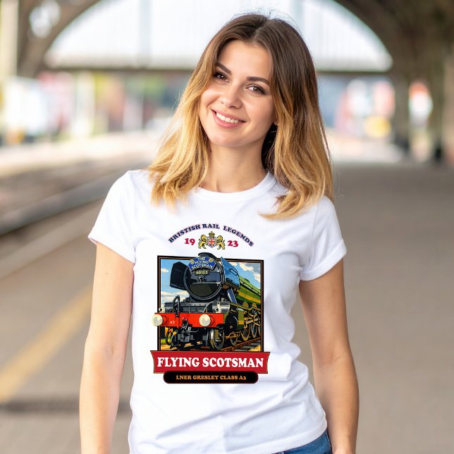 Camiseta Flying Scotsman 4472 Steam Locomotive Retro Poster (Flying Scotsman Steam Locomotive Vintage Poster. Women Basic White T-Shirt)
