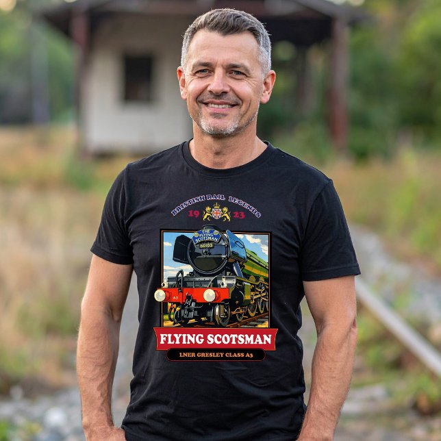 Camiseta Flying Scotsman Steam Locomotive Vintage Poster (Flying Scotsman Steam Locomotive Vintage Poster. Men Basic Black T-Shirt)