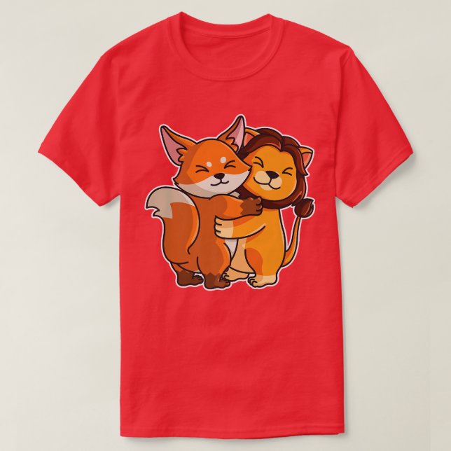 Camiseta Fo & Lion Hug Kawaii Cute Animais Para Mulheres Cu (Frente do Design)