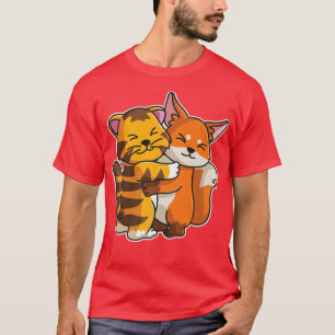 Camiseta Fo & Tiger Hug Kawaii Cute Animais Para Mulheres