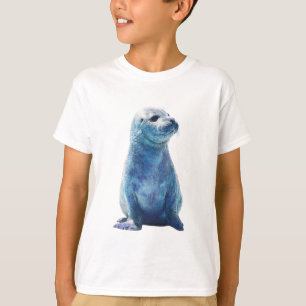 Camiseta Foca Bebê Azul Safira Aquarela Crianças