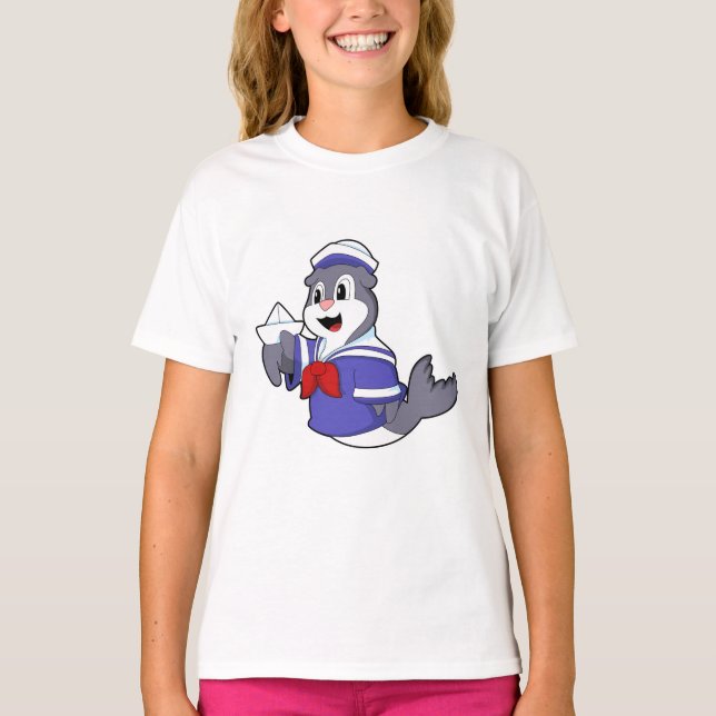 Camiseta Foca como Marinheiro com Barco (Frente)