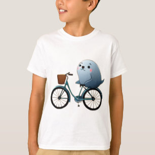 Camiseta Foca de desenho animado fofa em uma bicicleta