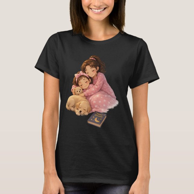 Camiseta Fofa de Meninas Abraçando Cachorrinho (Frente)