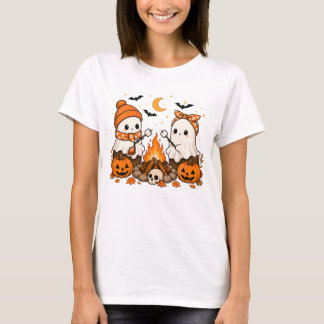 Camiseta Fofa e Aconchegante Fantasma de Halloween Fogueira