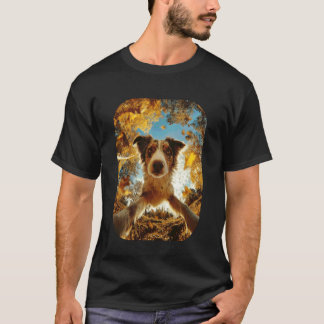 Camiseta Fofa selfie de Australian Shepherd com folhas de o