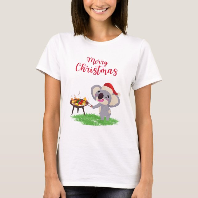 Camiseta Fofo de Natal australiano Koala apreciando um CHUR (Frente)