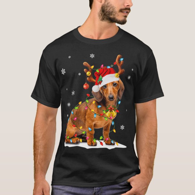 Camiseta Fofo de Natal Dashund com Luzes de Natal (Frente)
