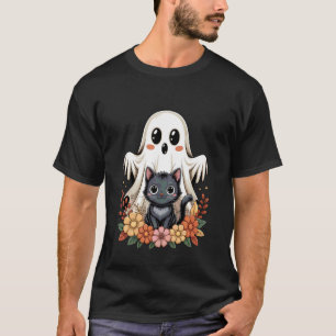 Camiseta Fofo Fantasma Retro Gato Preto Floral Halloween As