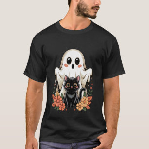 Camiseta Fofo Fantasma Retro Gato Preto Floral Halloween As
