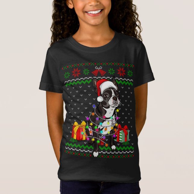 Camiseta Fofo feio Luz de Natal Boston Terrier Dog L (Frente)