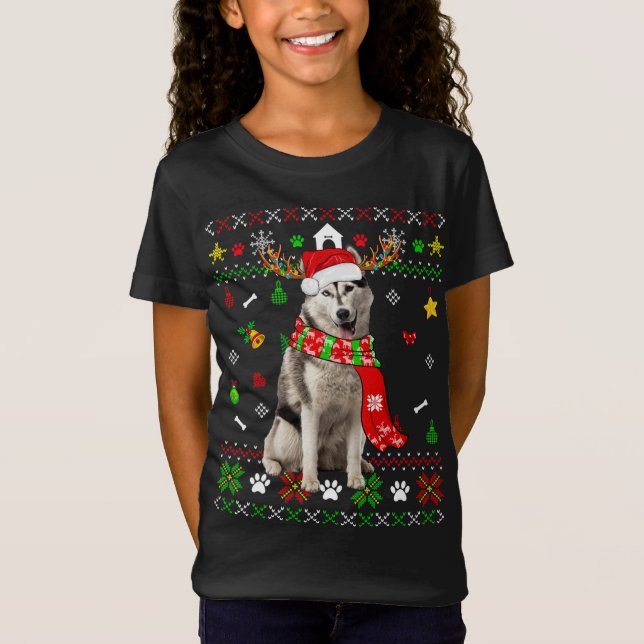 Camiseta Fofo feio Natal Siberiano Cachorro Cachorro Cachor (Frente)