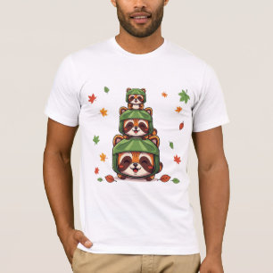 Camiseta Fofos Guaxinins Empilhados com Capacetes e Outono