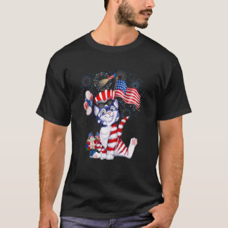 Camiseta Fogos de Artifício de Gato 4 de Julho Bandeira Ame
